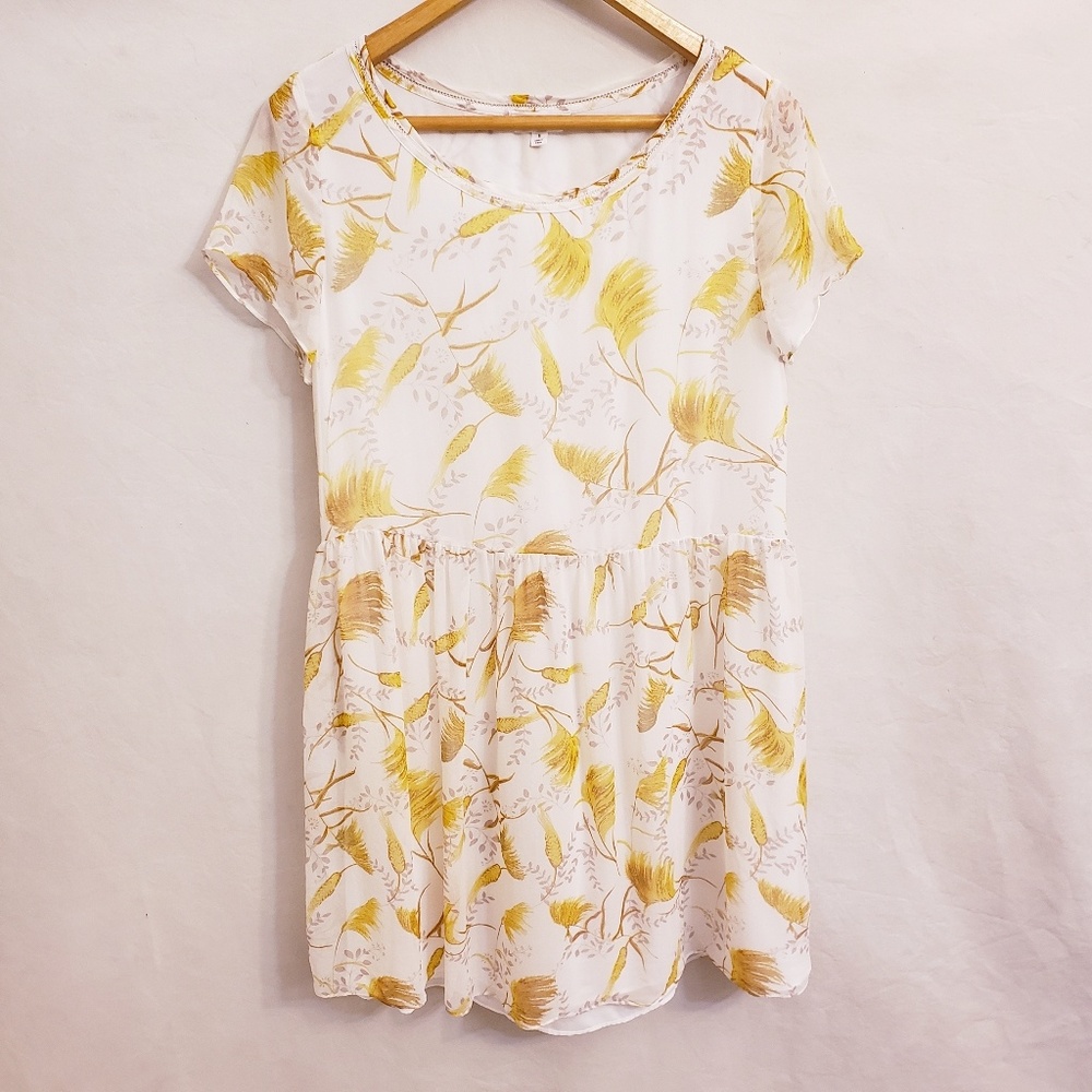 A Loves A 100% Silk White & Yellow Short Sleeve Babydoll Dress, Size S
